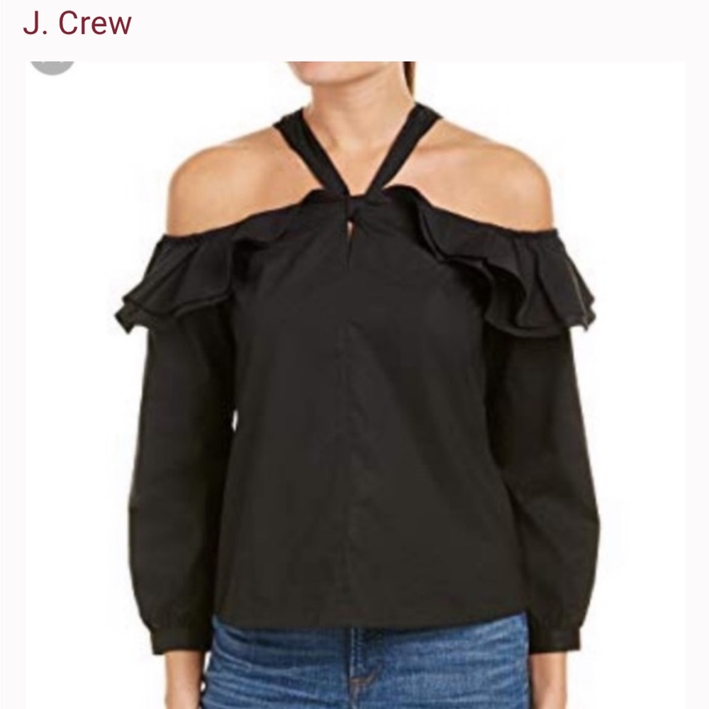 J. CREW Black Cotton Off Shoulder Ruffle Halter Top Blouse Like New.  Size 14.